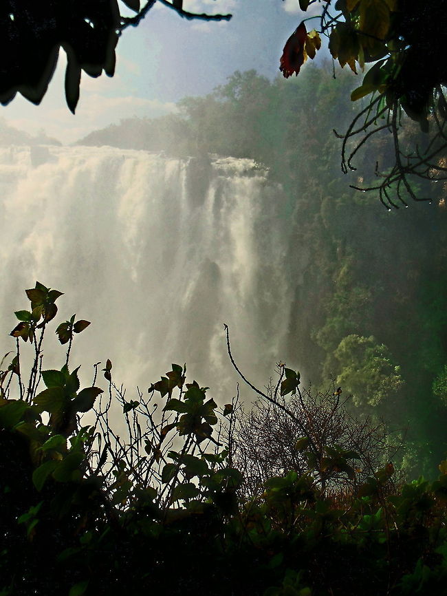 Victoria Falls through the Mist On a walking trail to the falls took this through a gap in the Jungle. There was strong water flows and lots of mist at the time. Got quite wet with this one! Geotagged,Landscape,Victoria Falls,Zambia