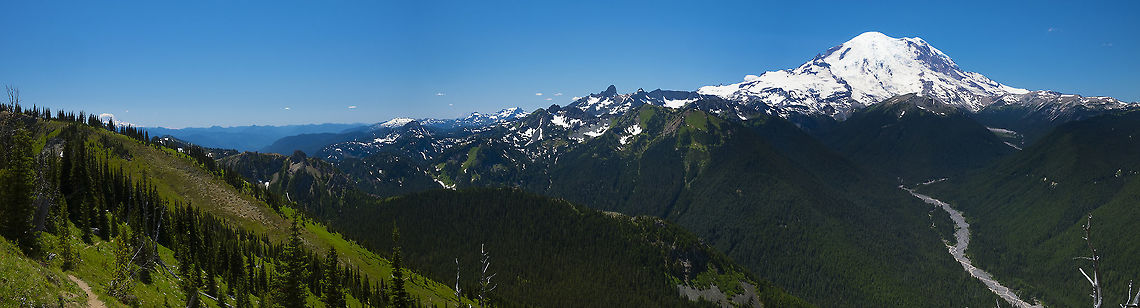 Rainier from Crystal peak Mt. Adams is peeking out on the far left and if you zoom in St. Helens is just visible in the left third.  Geotagged,Summer,United States