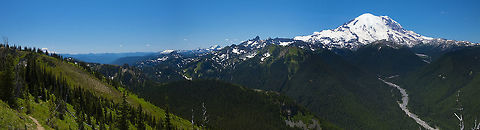 Rainier from Crystal peak Mt. Adams is peeking out on the far left and if you zoom in St. Helens is just visible in the left third.  Geotagged,Summer,United States
