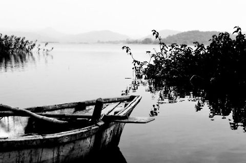 Serenity Taken at Patratu dam near Ranchi, Jharkhand. Geotagged,India,black and white,boat,scenery,water