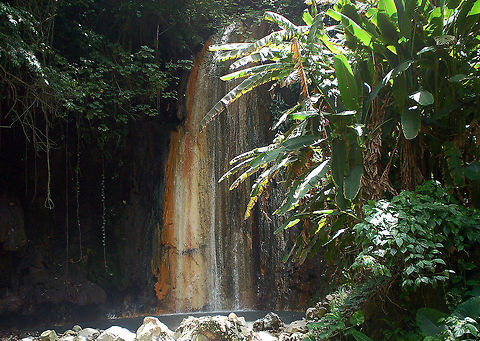 Diamond Botanical Gardens and Waterfall These splendid gardens are part of Soufri&egrave;re Estate,  St. Lucia in the Caribbean. This 2,000-acre land grant was presented by King Louis XIV in 1713 to three Devaux brothers from Normandy in recognition of their services to France. Today, the estate is still owned by their descendants; Joan Du Bouley Devaux maintains the gardens. 

Bushes and shrubs bursting with brilliant flowers grow beneath towering trees and line pathways that lead to a natural gorge.

Deep within the botanical gardens, water bubbling from underground sulfur springs streams downhill in rivulets, forming the Diamond Waterfall. 

King Louis XVI of France allocated funds to build a bath house for his troops with twelve stone baths, fortifying them against the St. Lucian climate. Also here in the bath house, it is believed that Empress Jos&eacute;phine Bonaparte had bathed here as a young girl while visiting her father's plantation nearby. Diamond Botanical Garden and Waterfall,Geotagged,Saint Lucia,Waterfall