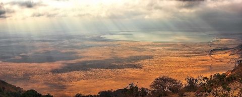 Ngorongoro Crater mega panorama - south side Mega panorama (16,000 pixels wide) of the inside of the Ngorongoro crater, Tanzania. This photo (or series of 8 photos) was taken from a high point on the southern edge, looking in.  Africa,Ngorongoro,Ngorongoro Crater,Serengeti area,Tanzania