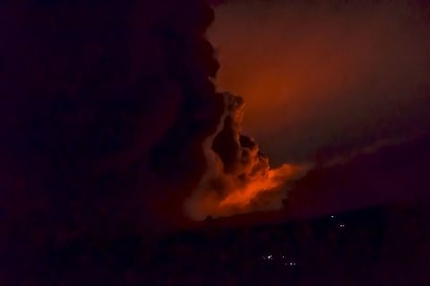Devil's House On December 28th, 2014, Mount Etna produced a so violent as brief eruption with emission of lava and ash. 
The high-altitude clouds mixed with ash cloud have created a unique show of its kind. Geotagged,Italy,Winter,ash,eruption,etna,flames,lava,mount