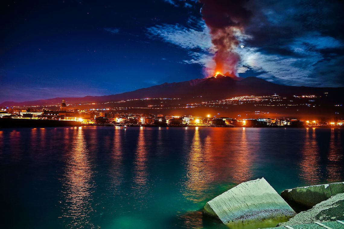 Wild & Natural Eruption of Mount Etna occurred 17th November 2013<br />
Photo shot from Port of Riposto, near Taormina, AKA &quot;Porto dell&#039;Etna&quot; Eruption,Fall,Geotagged,Italy,Natural events,Sea,crater,etna,fire,flame,lava,mount,nature,port,taormina,wild