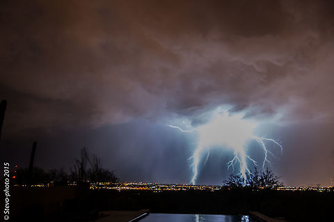 Big Bang! This was an amazing capture. You can see city lights under the impact zone which I estimate to be 3-4km wide from end point to end point of the illumination from the strike. I wasn't even sure what it was going to look like from the camera's lcd since it was taken in 2011 on a D70 and the screen just looked like a bright blob completely blown out. Once on the computer the real story revealed itself. Geotagged,Natural events,United States,arizona,lightning,monsoon,storm,tucson