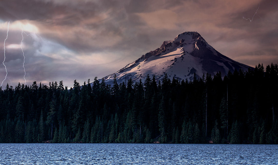 Timothy Lake Oregon This image includes 4 separate merged photos to capture multiple lightning strikes. With the majestic Mt Hood cresting at over 10,000 ft (3,000m) dwarfs the tall douglas fir trees along the banks. Geotagged,Lightning,Mountains,Timothy lake,lightning strike,mt hood,water