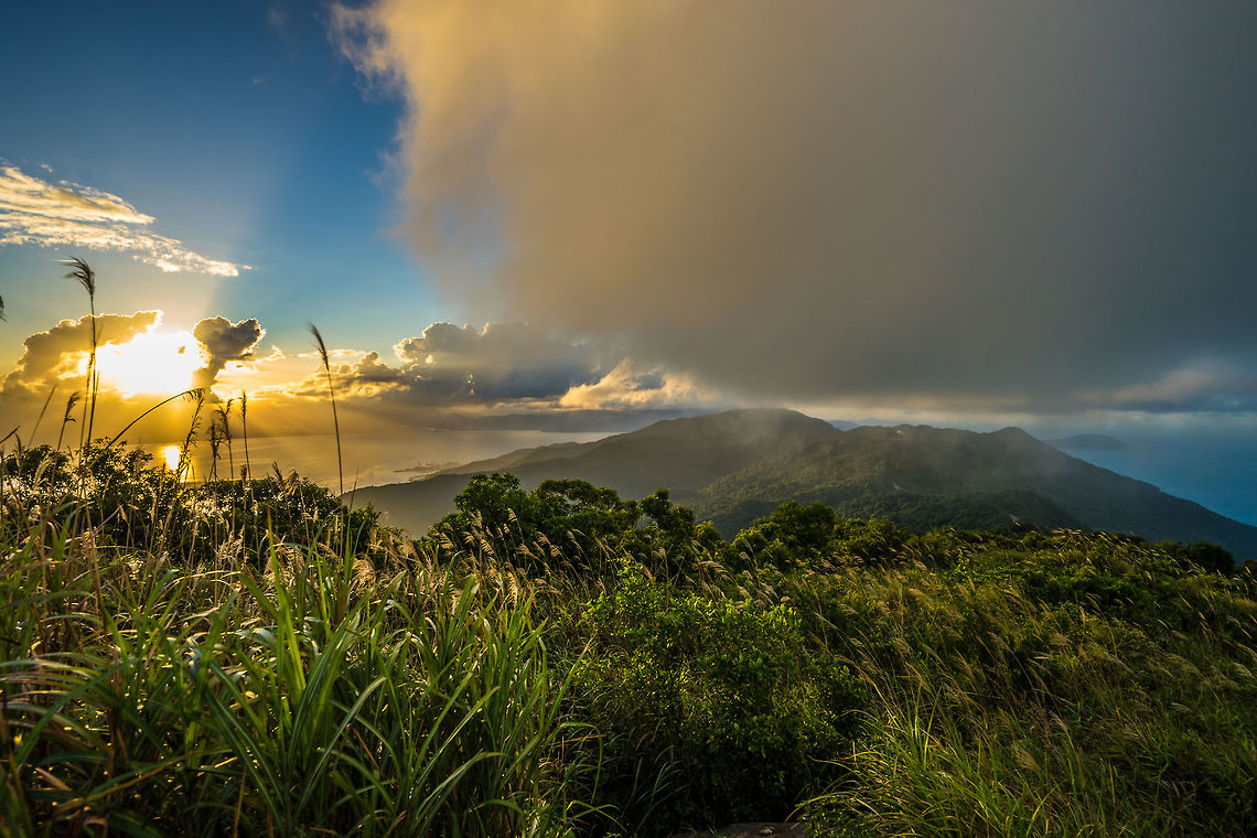 Sunset at the the top of a mountain Driving my motorcycle for almost 2 hours to try and catch the sunset at the top of a beautiful rainforest mountain in De Nang, Vietnam.  Rainforest,Sunset,nature