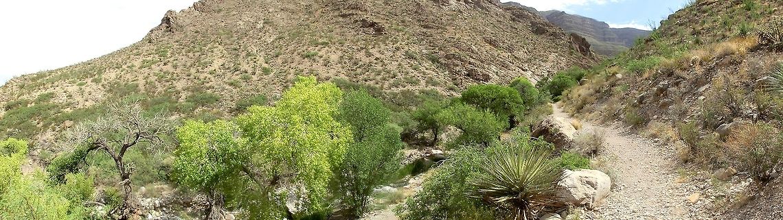 Panorama of New Mexican Desert in Oliver Lee State Park I love these panorama shots and this shows the start of the Dog Canyon trail in Oliver Lee State Park; a beautiful desert park near Alamogordo, New Mexico. Definitely worth a visit if you are in the area to see White Sands National Monument. Geotagged,Panorama,Summer,United States,new mexico