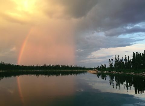 Half and Half In the Northern parts of Saskatchewan you find the most beautiful nature. Last month, I was on a boat when I noticed a rainstorm rolling in. It hadn't quite reached the whole sky yet, so it lead to one of the most incredible views. Canada,Geotagged,Natural events,Summer,arctic,nature,northern saskatchewan,rainbow,rainstorm,reindeerlake,weather