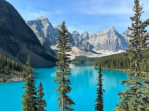 Moraine Lake, Alberta, Canada Another insanely breathtaking location within Banff National Park. 

Like Lake Louise, it is glacially fed, the waters presenting an astonishing turquoise.  Alberta,Banff National Park,Canada,Canadian Rockies,Geotagged,Moraine Lake,Summer,glacial lake,landscape,turquoise lake,waterscape