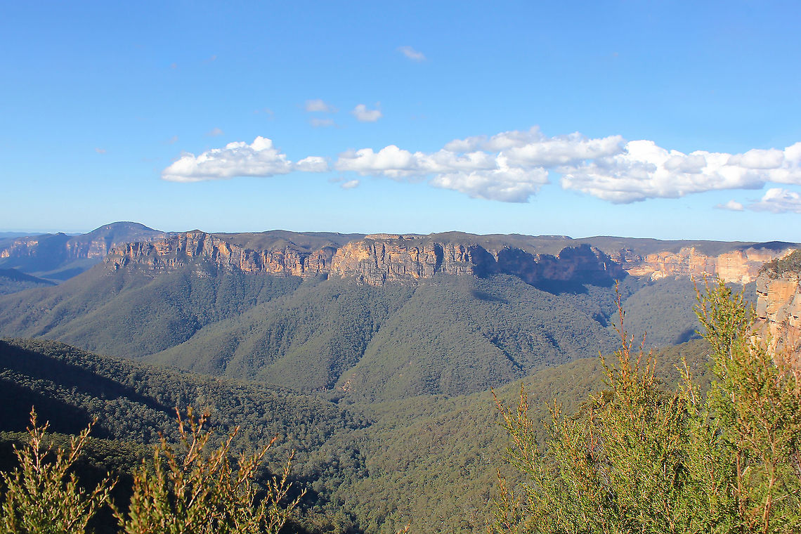 Blue Mountains eucalypt forest Grose Valley from Phillips Lookout.<br />
<br />
A landscape formed over millions of years, Grose Valley is just a small part of the Blue Mountains World Heritage Area. This valley has been formed by the Grose River, whose headwaters are in the Mount Victoria region. The cliff face directly opposite from where I stood is over 200 metres in height. Sydney is on the horizon to the left, 80 km in the distance. <br />
<br />
Most of the Greater Blue Mountains World Heritage Area (estimates up to 93%) is covered by vast eucalypt forests, woodlands and mallee shrublands, with much smaller areas of rainforests, heaths and wetlands. Because of the diversity of the landscape, altitude, geology, soils, climate and fire history across the region, the diversity of eucalypts is very high. There are at least 100 eucalypt species within the Greater Blue Mountains landscape.<br />
<br />
The Blue Mountains are so named because on most days there is a blue hue in this area, which can be seen here (and even more so in summer). The vast forests of eucalyptus discharge a fine mist of oil from their leaves. The mist refracts light, which makes the haze look blue at a distance. <br />
<br />
Australia,Blue mountains,Eucalypt forest,Geology,Geotagged,Grose Valley,new south wales,scenery,winter