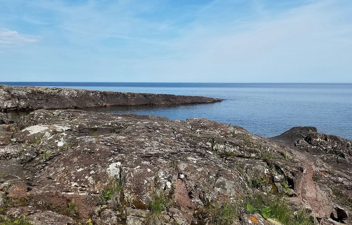 Lake Superior Shore A view of Lake Superior near Schroeder, Minnesota. Plants typical of this harsh, cold and damp habitat are Trichophorum cespitosum, Carex buxbaumii, Deschampsia cespitosa, Pinguicula vulgaris, Drosera rotundifolia, Primula mistassinica, Campanula rotundifolia, Sibbaldiopsis tridentata, Dasiphora fruticosa, and Solidago ptarmicoides. Lichens especially the crustose forms do well here also such as Xanthoria elegans, Rhizocarpon disporum, Rhizoplaca chrysoleuca, Lecidea tessellata, Lecanora (Protoparmeliopsis) muralis, Candelariella vitellina, and Lecidella effugiens. Geotagged,Lake Superior,Spring,United States,lichens,rocks,water