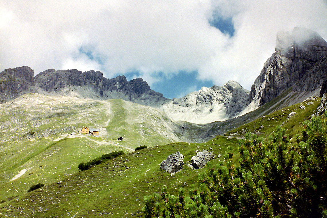 Hermann von Barth Hütte in Austrian landscape Analog photo. Mountain hut in Austria at 2131 Meter, hut is founded in 1900. Austria,Geotagged,Landscapes,Lechtal