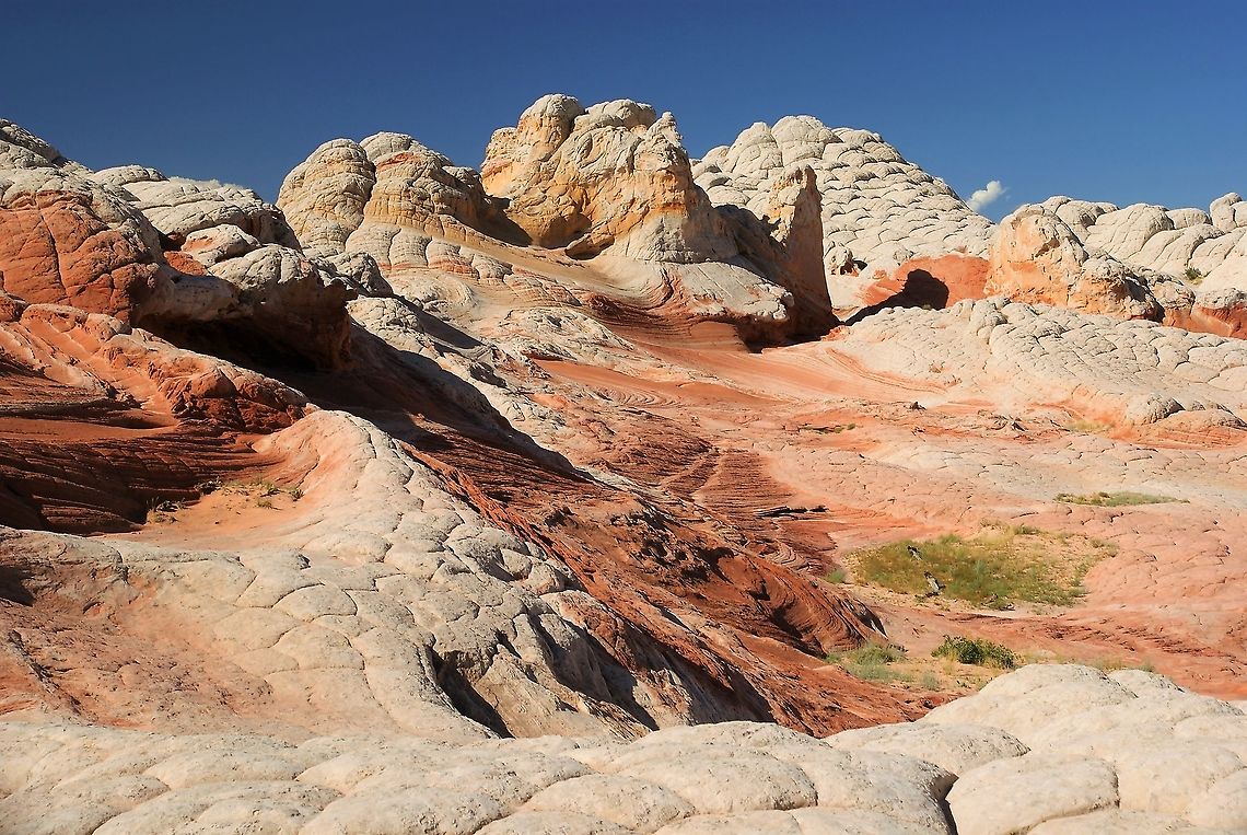 Looking up at Brain Rock & swirls at White Pocket The Brain rock (cauliflower) covering the different coloured sandstones. Arizona,Vermilion Cliffs,White Pocket