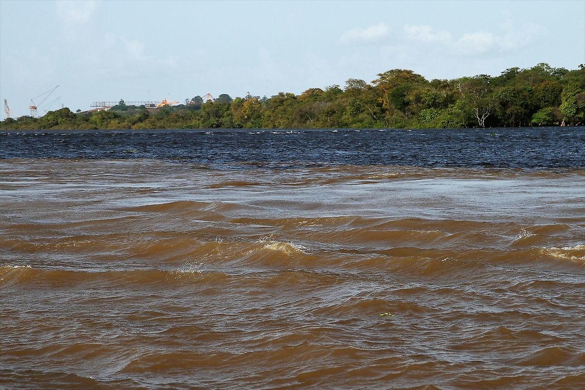 Confluence of Rio Caroni & Rio Orinoco The tannin waters of the Rio Caroni meet the silt laden Orinoco at Ciudad Guyana - the top 2 most important rivers in Venezuela.  A mini version of the confluence of the Rio Negro &amp; Amazon at Manaus Ciudad Guyana,Rio Caroni,Rio Orinoco