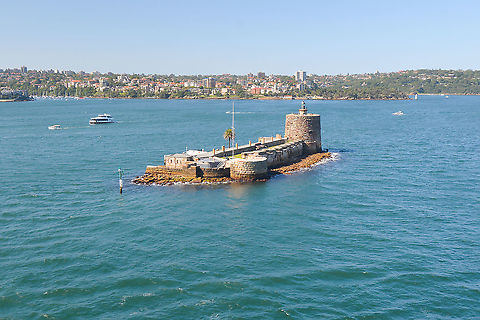 Fort Denison - Pinchgut Fort Denison, part of the Sydney Harbour National Park, is a protected national park that is a heritage-listed former penal site and defensive facility occupying a small island located north-east of the Royal Botanic Gardens and approximately 1 kilometre (0.62 mi) east of the Opera House in Sydney Harbour, New South Wales, Australia. The island was formerly known in its indigenous name of Mat-te-wan-ye, and as Pinchgut Island.  Australia,Fort Denison,Geotagged,Summer,Sydney Harbour