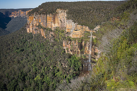 Govett's Leap Blackheath NSW The Govetts Leap Falls, or simply Govett's Leap, is a bridal veil waterfall on the Govett's Leap Brook where it falls 180 metres (590 ft) over Taylor Wall, located at Govett's Leap Lookout, approximately 2.4 kilometres (1.5 mi) east of Blackheath in the Blue Mountains region of New South Wales, Australia.  Australia,Fall,Geotagged,Spring
