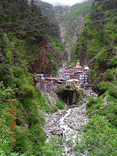 Yamunotri This picture showcases the beautiful Yamunotri Temple situated near Yamnotri Range. This temple is also the birth place of the mighty river Yamuna, seen in the pic. Geotagged,India