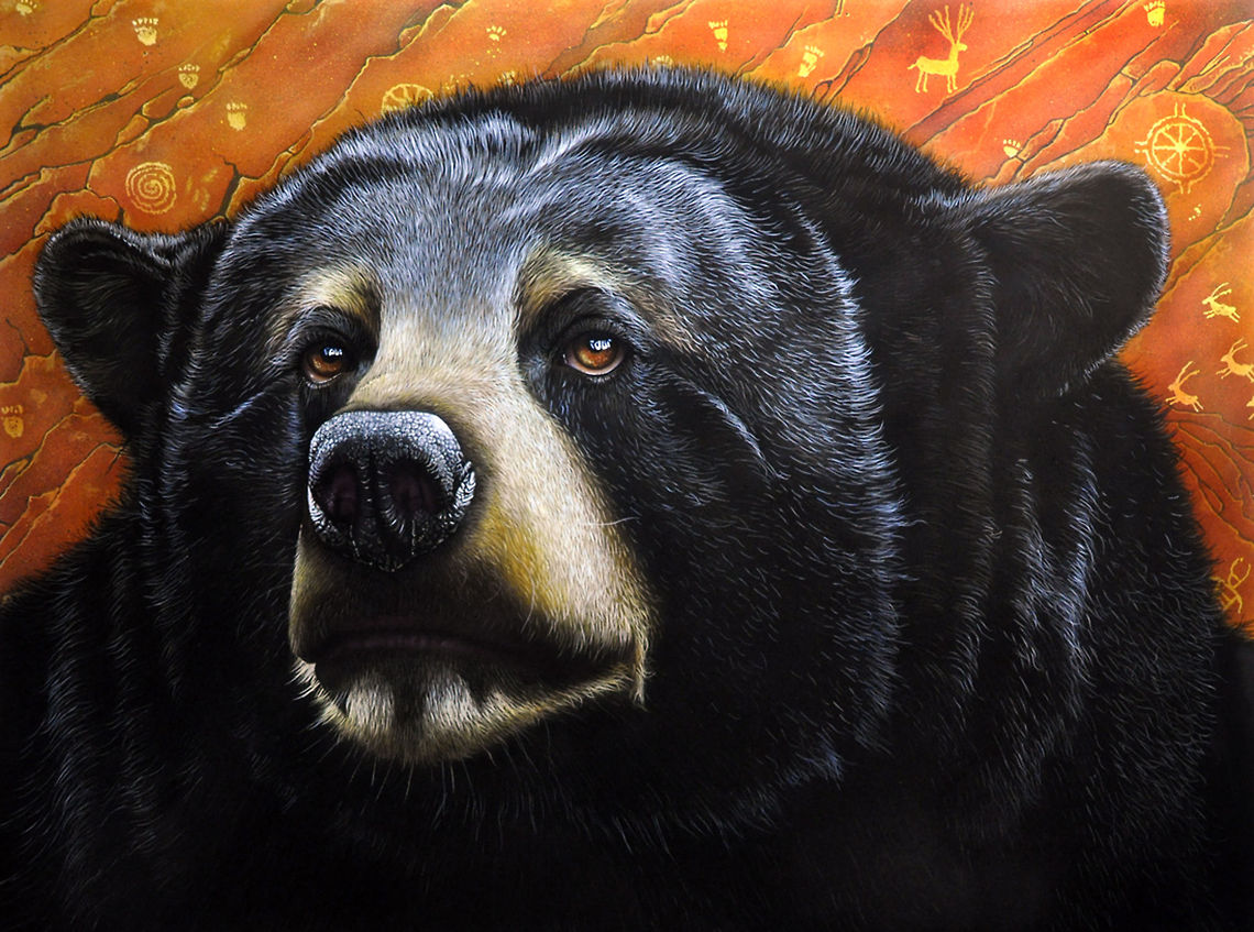 Black Bear painting 24 x 30, inks on wood board, 2011 Asian black bear,Bear,Black Bear,Ursidae,Ursus thibetanus,art