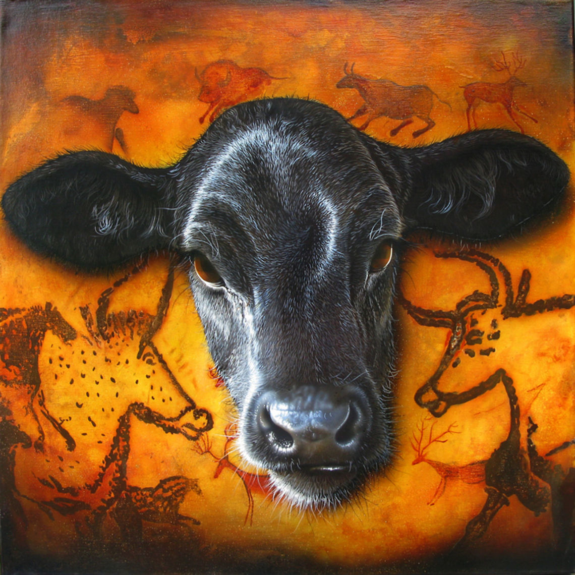 Bull Lascaux painting 24 x 24, inks on canvas, 2007 Bull,art