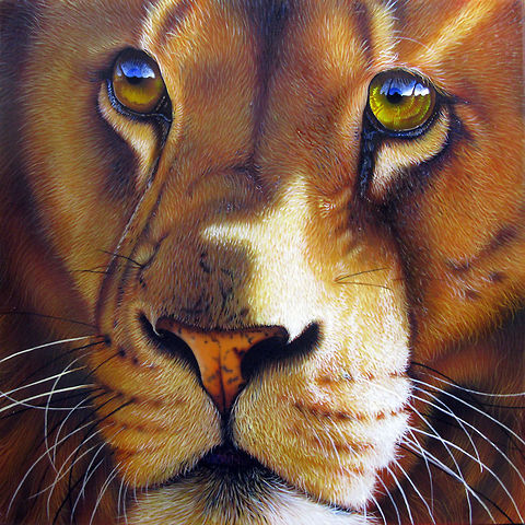 Leo painting 12 x 12, inks on wood board, 2011 Africa,Big Cats,Mammalia,art,lion
