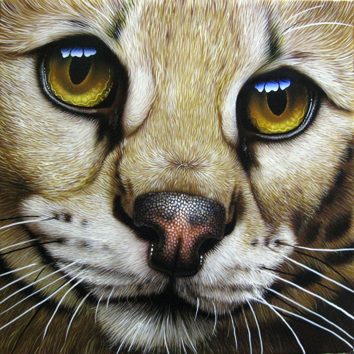 Serval painting 12 x 12, Inks on wood board, 2011 Big Cats,Leptailurus serval,Serval,art