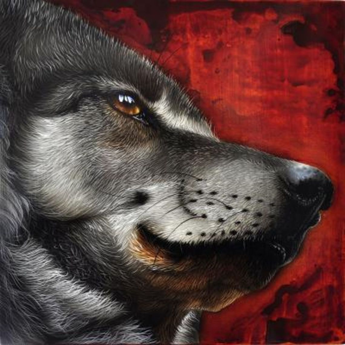 Wolf painting 12 x 12, Inks on wood board, 2010 Wolf,art