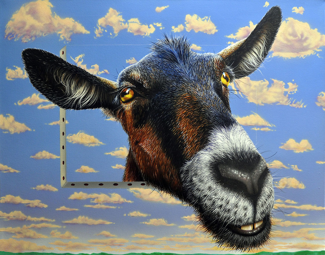 Goat a lá Magritte 22x28, Inks on Canvas, 2007 Artiodactyla,art,goat,mammals