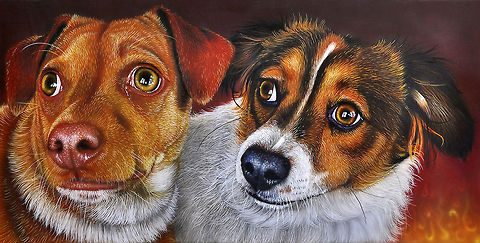 Pups, Ali and Ilu painting of dogs A painting of two cute dogs with droopy eyes, 12x24, inks in wood board, 2010 Dogs,art