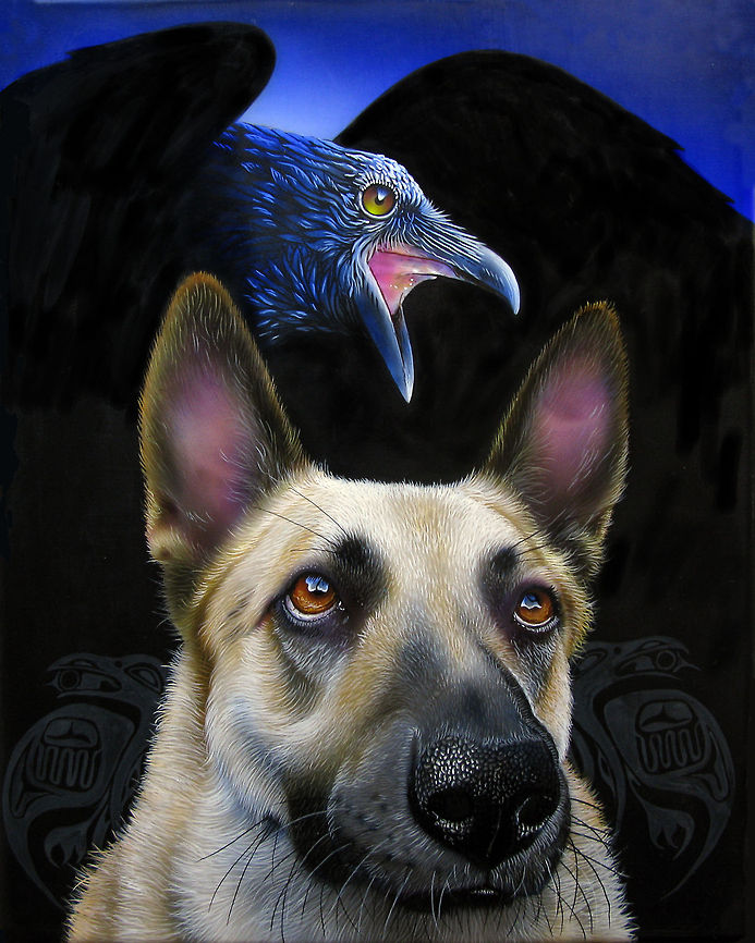 Ravens Painting 16x20, Inks on Wood Board, 2011<br />
Raven was Katherine&#039;s dog under the wings of Raven Clan. RIP. Common Raven,Corvus corax,German Sheppard,art,birds,dogs,raven