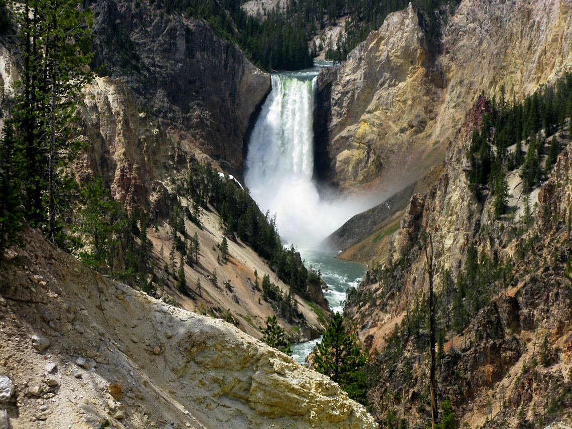Yellowstone Lower Falls A long range shot of a waterfall at the head of a valley. Landscapes,Wyoming,Yellowstone National Park