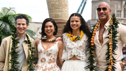 Thomas Kail, Auli'i Cravalho, Catherine Laga'aia and Dwayne Johnson at Moana photo call in London