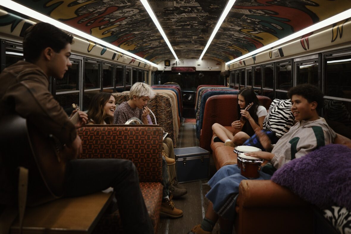 Still of the cast on a bus in Camp Rock 3