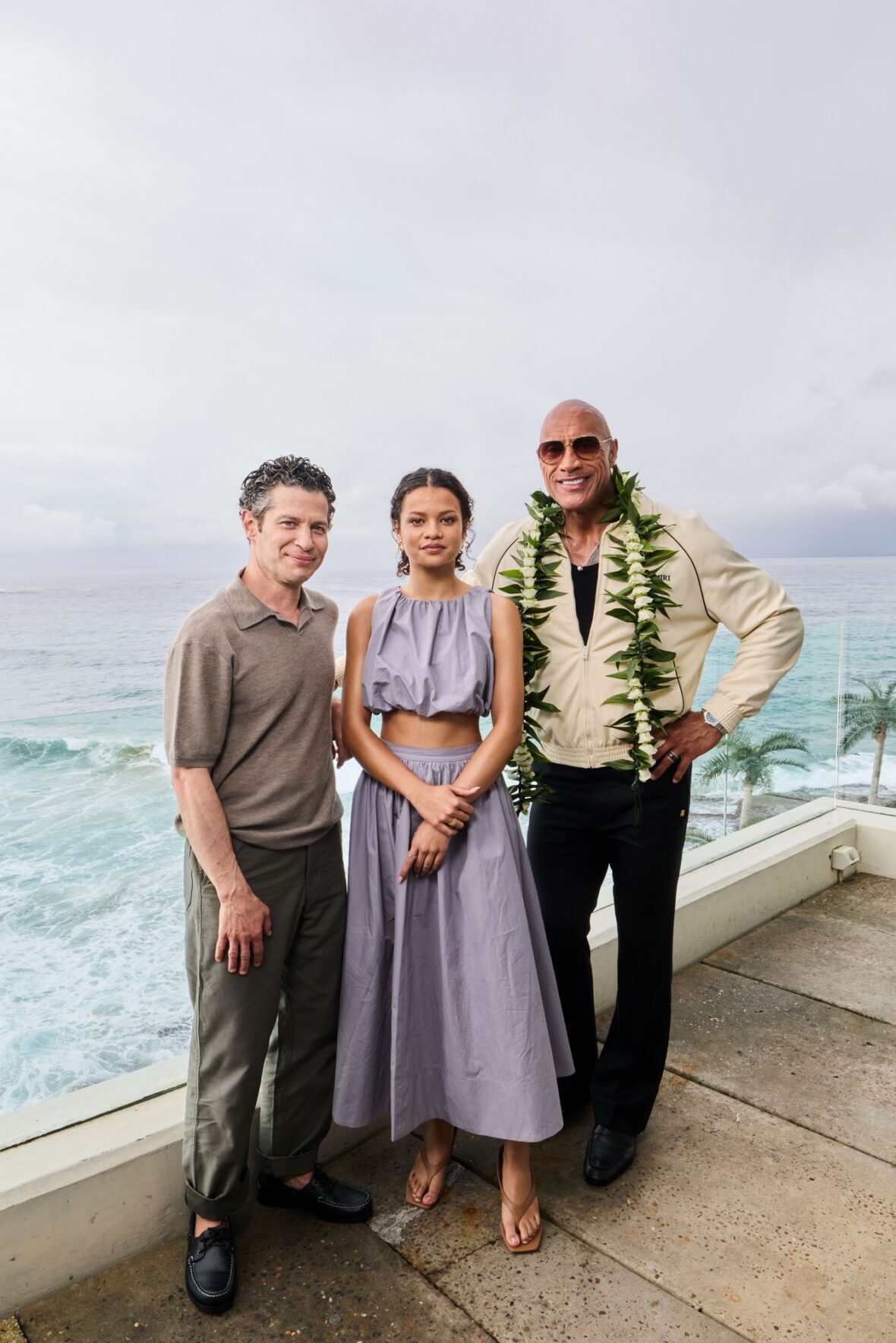 Thomas Kail, Catherine Laga'aia and Dwayne Johnson pose at Sydney photo call 