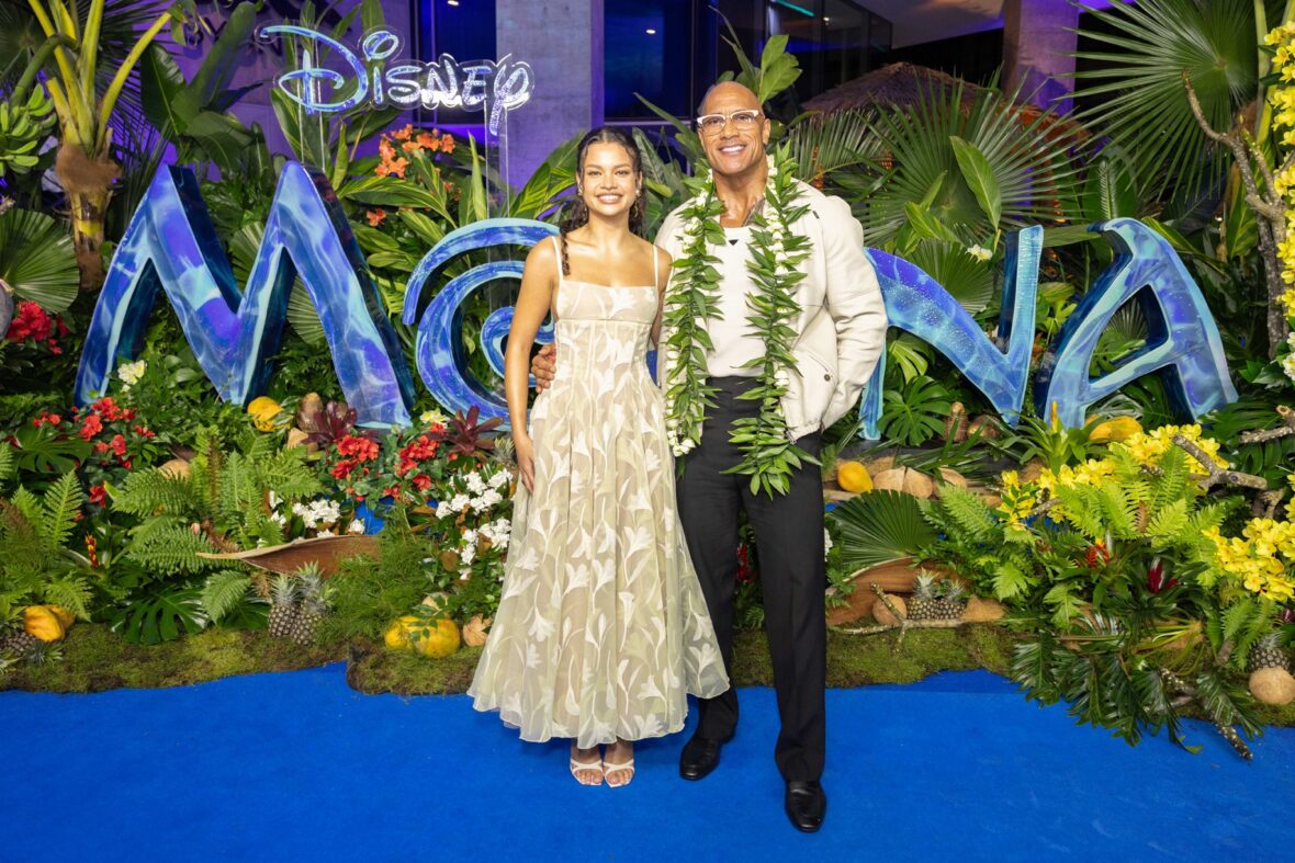 Catherine Laga'aia and Dwayne Johnson pose at Sydney fan event for Moana
