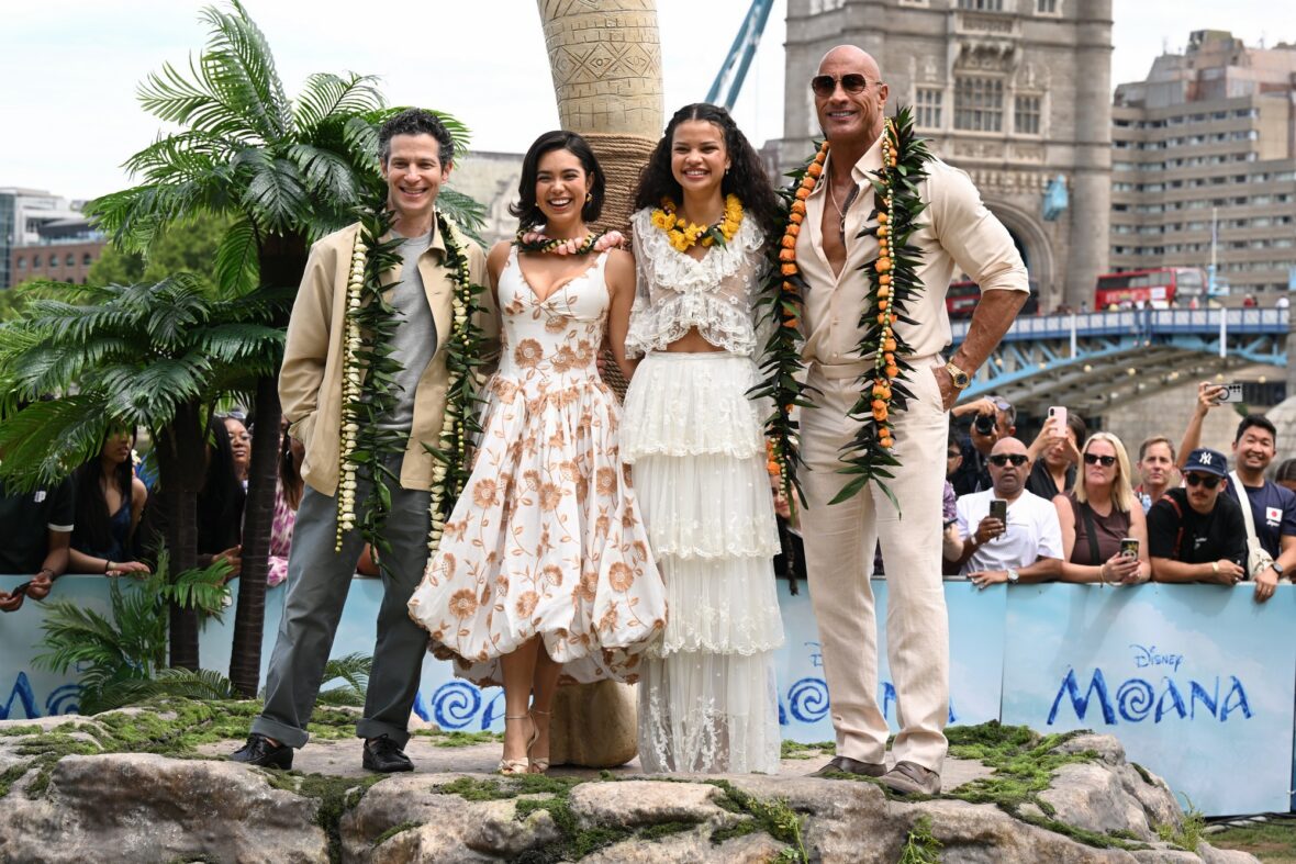 Thomas Kail, Auli'i Cravalho, Catherine Laga'aia and Dwayne Johnson at Moana photo call in London