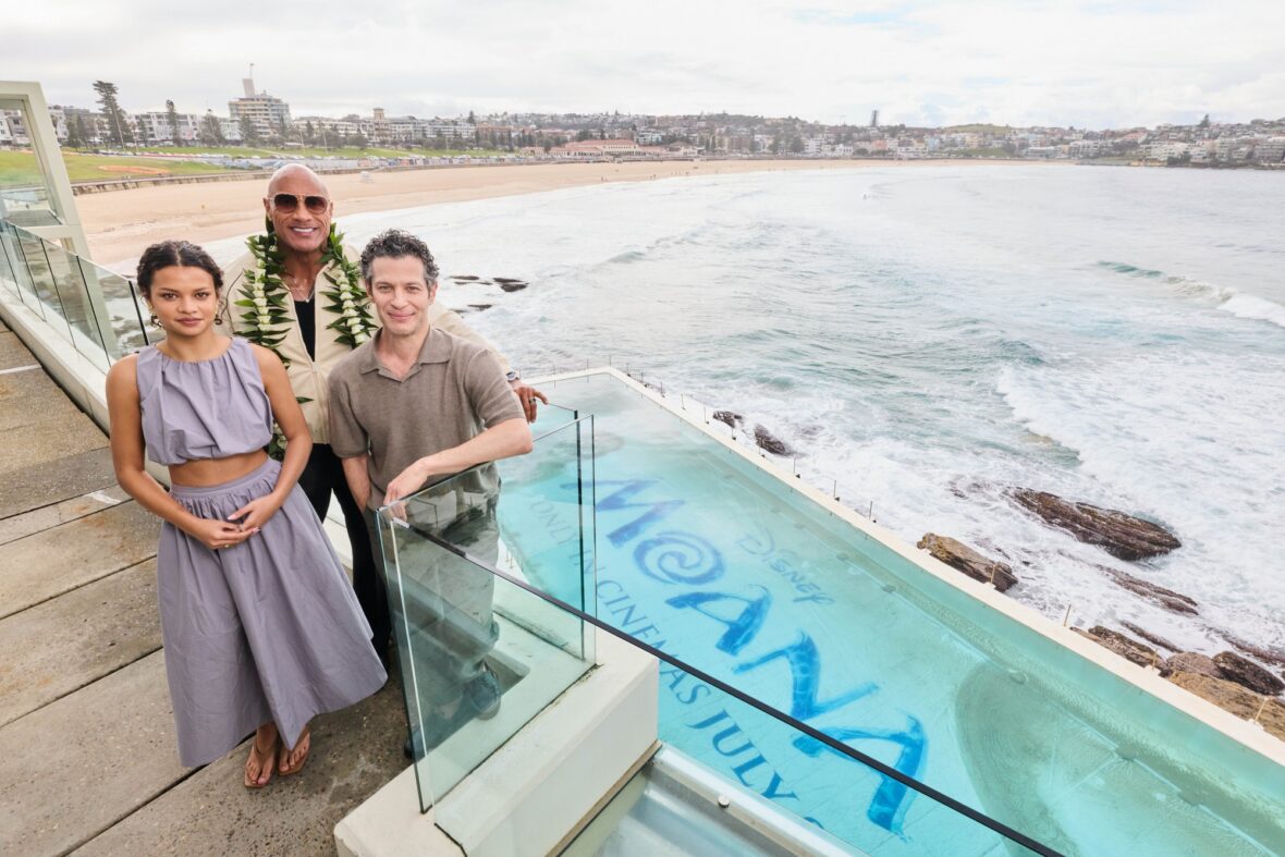 Thomas Kail, Catherine Laga'aia and Dwayne Johnson pose at Sydney photo call 
