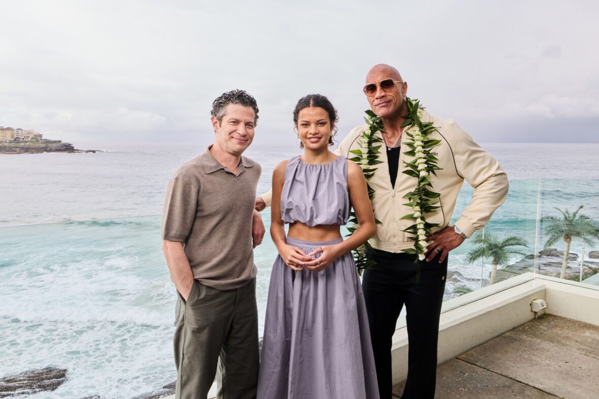 Thomas Kail, Catherine Laga'aia and Dwayne Johnson pose at Sydney photo call 