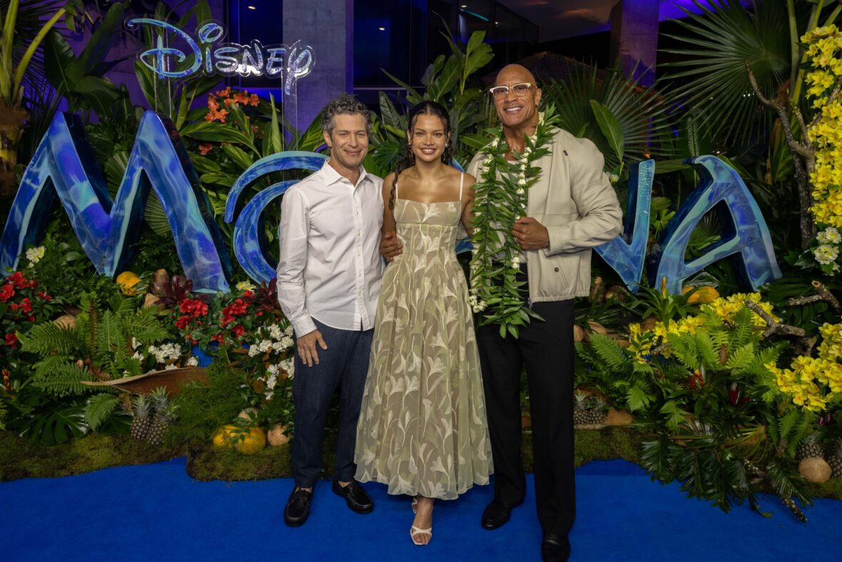 Thomas Kail, Catherine Laga'aia and Dwayne Johnson pose at Sydney fan event