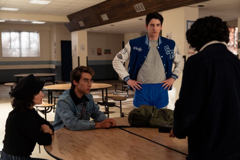 Still of Sarah Yarkin, Nick Pugliese and Milo Manheim in School Spirits season three