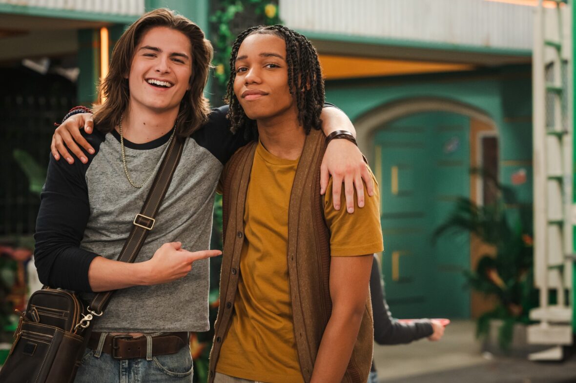 Martin Kamm and Peyton Jackson pose for a photo on set of Hollywood Arts