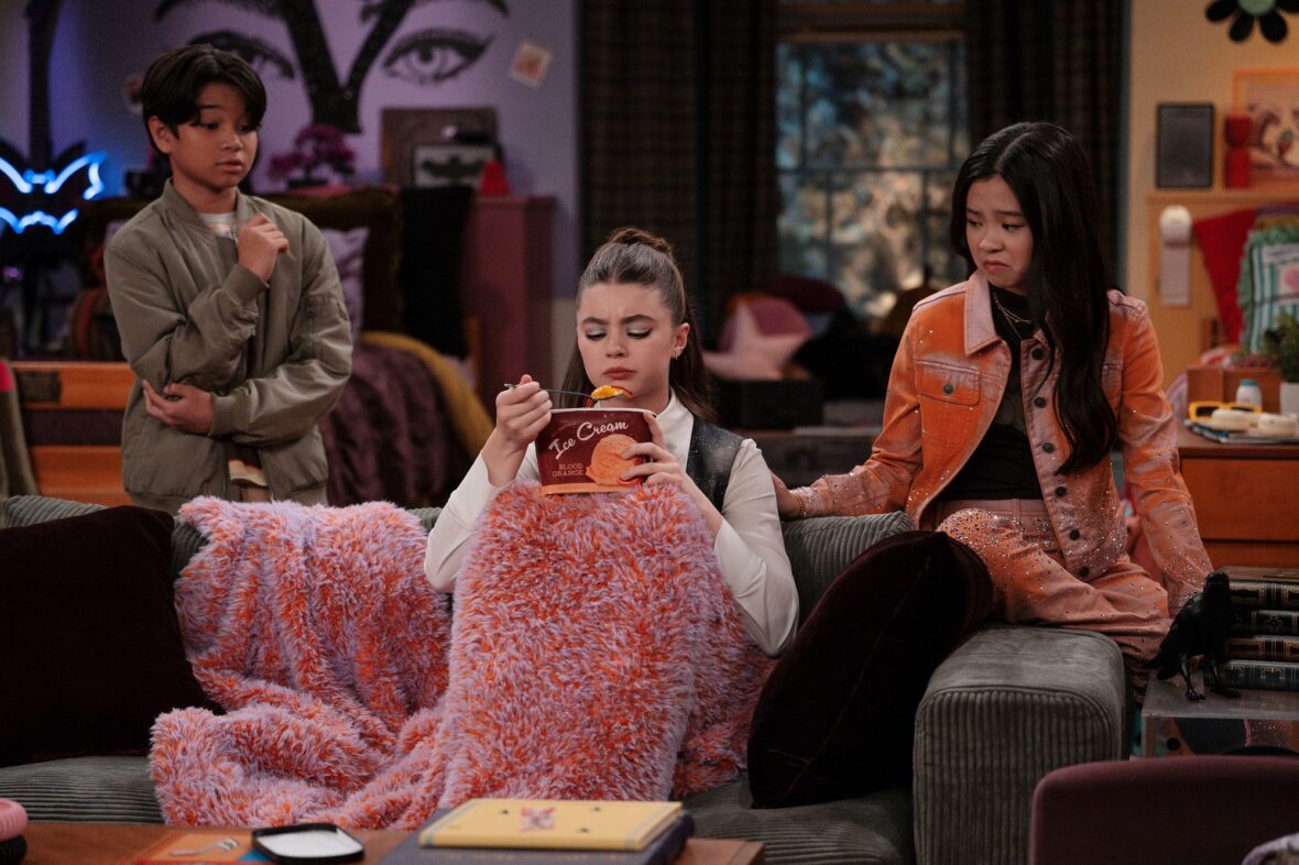 Still of Milo Maharlika, Kenzi Richardson, and Jiwon Lee in Vampirina: Teenage Vampire season two