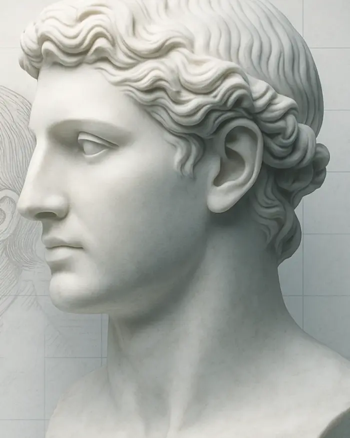 Greek bust on a scientific background