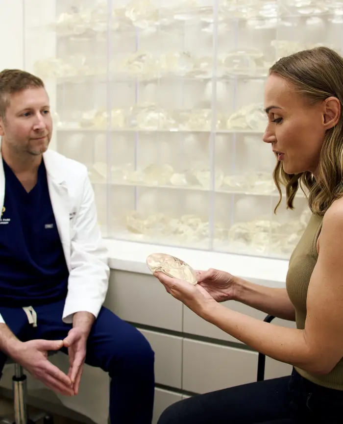 Woman meeting with Dr. Plant to see breast implant options