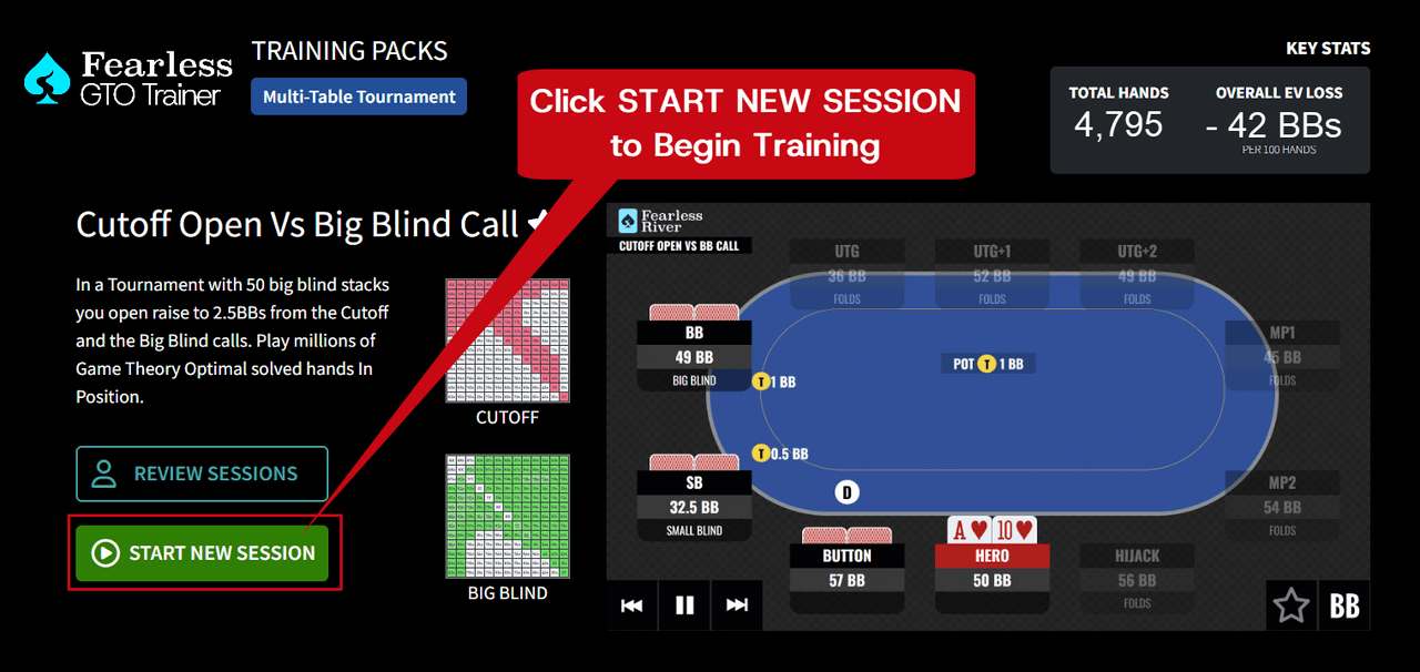 Starting a new session in the Fearless GTO Trainer