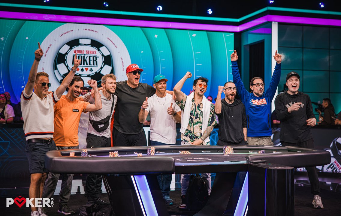 Michael Gagliano celebrates with the 2026 WSOP Main Event final table after play concludes on Day 8