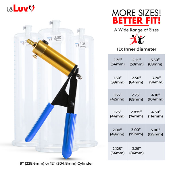 Ultima Brass Blue Penis Pump | Rubber Grip, Silicone Hose | WIDE FLANGE Cylinder - Choose Length & Diameter Picture 7