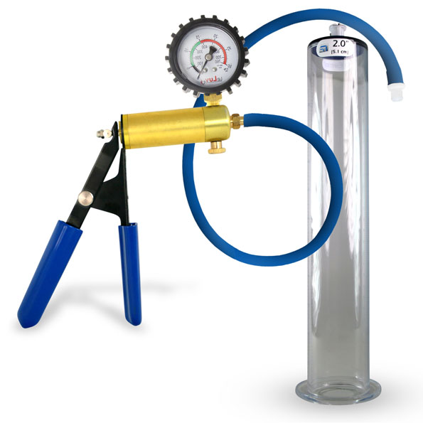 Ultima Brass Blue Penis Pump | Rubber Grip, Silicone Hose | WIDE FLANGE Cylinder - Choose Length & Diameter Picture 1