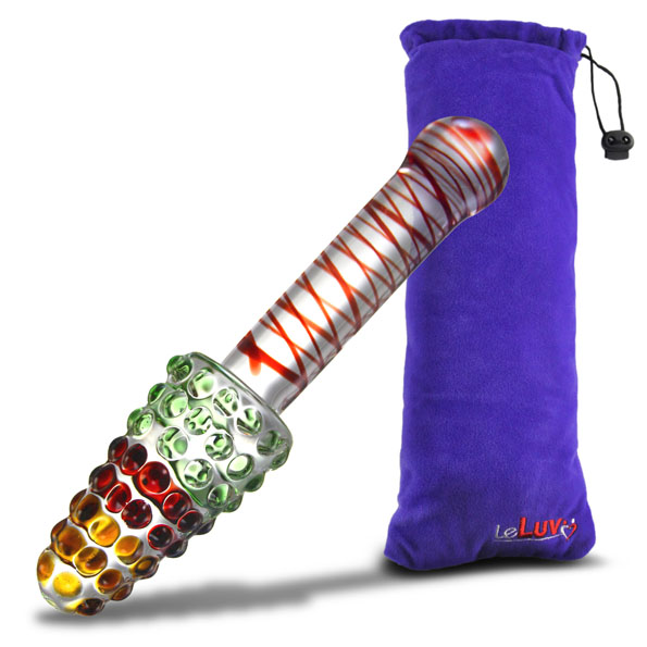 LeLuv Glass Rainbow Cone Large Nubby Festive Anal Toy with Padded Pouch