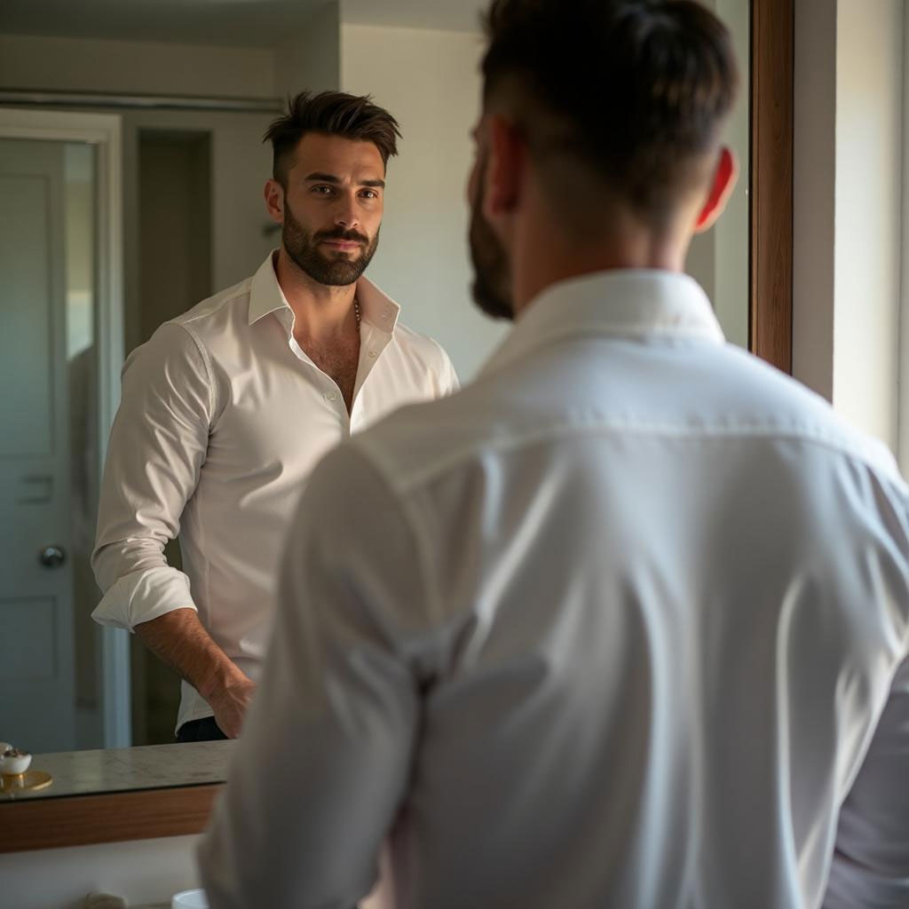 Man standing confidently at bathroom mirror